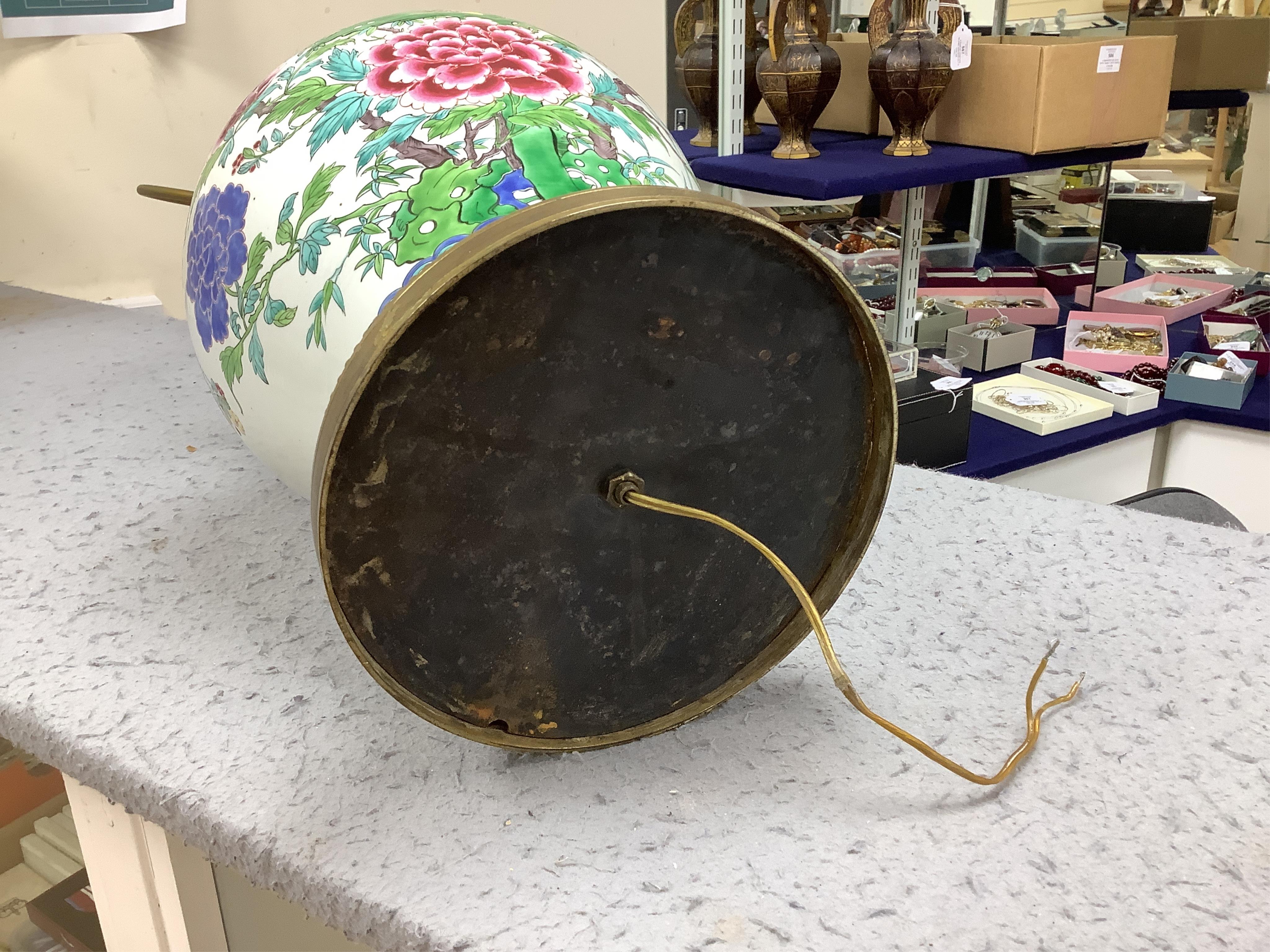 A Chinese vase and cover, converted to a two light lamp, 75cms high including fitting